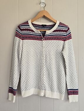 Talbots Fair Isle Cardigan Wool Blend Soft Lightweight Cozy Cream Blue Red Pink